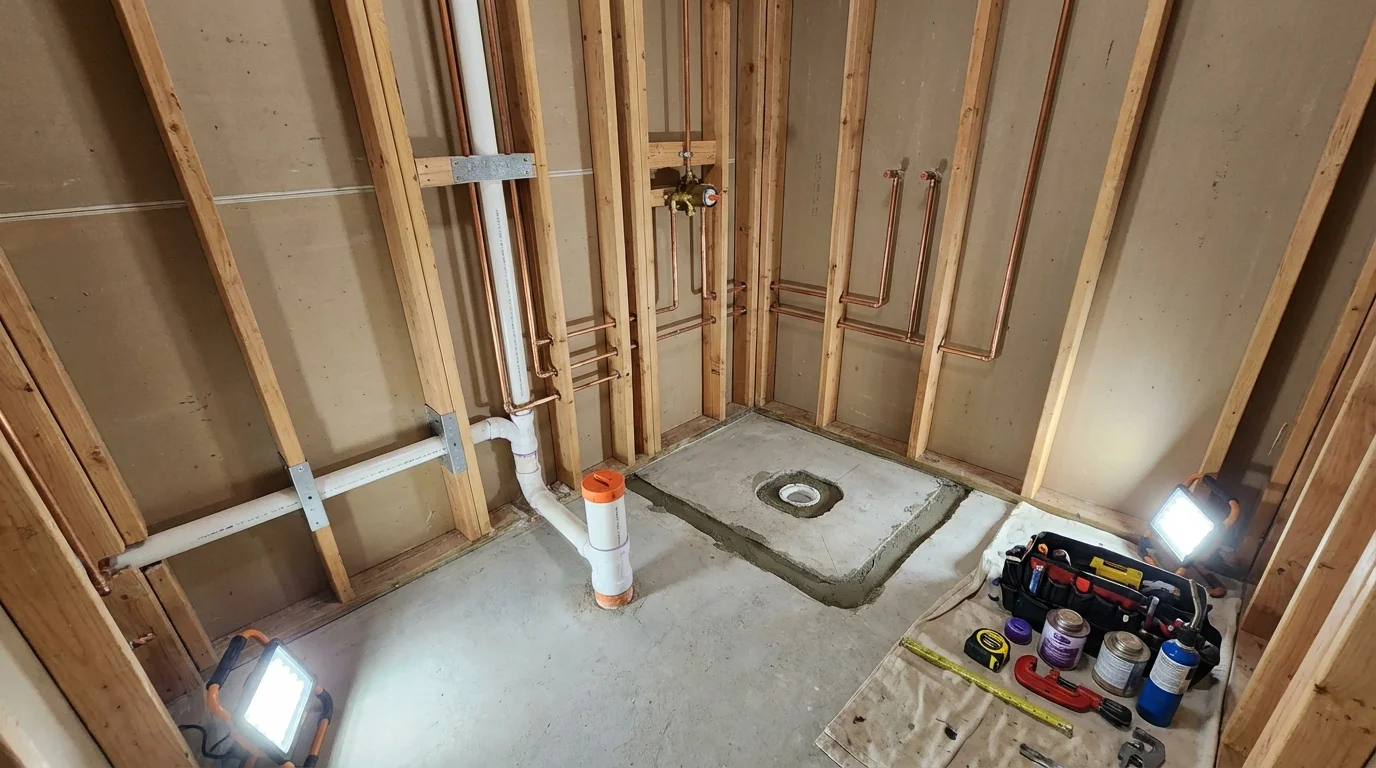 Bathroom rough-in plumbing during remodel by Johns Plumbing LLC in Pierre