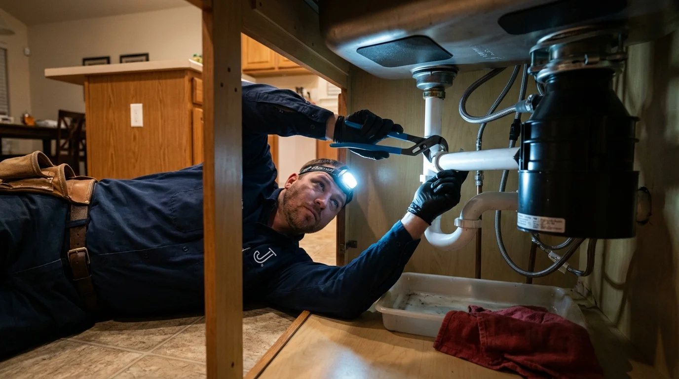 P-trap and supply line connections under a kitchen sink showing a common leak point in Pierre, SD